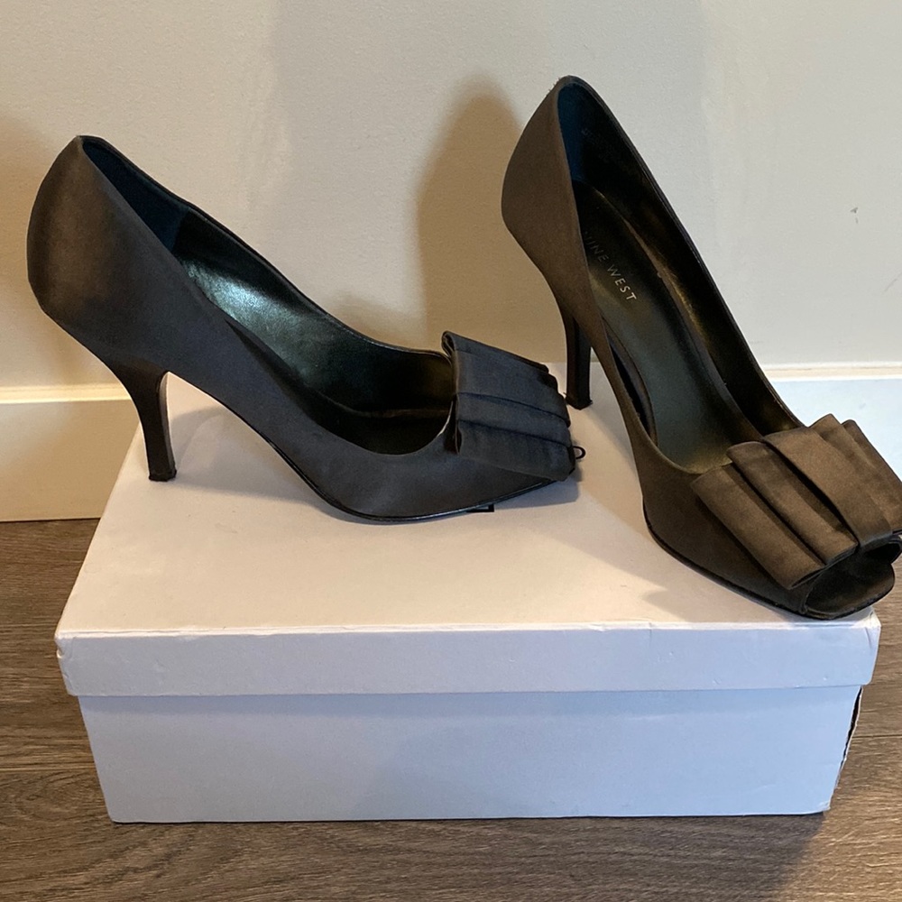 Nine West Black Satin Peep-Toe Heels with Bow Detail